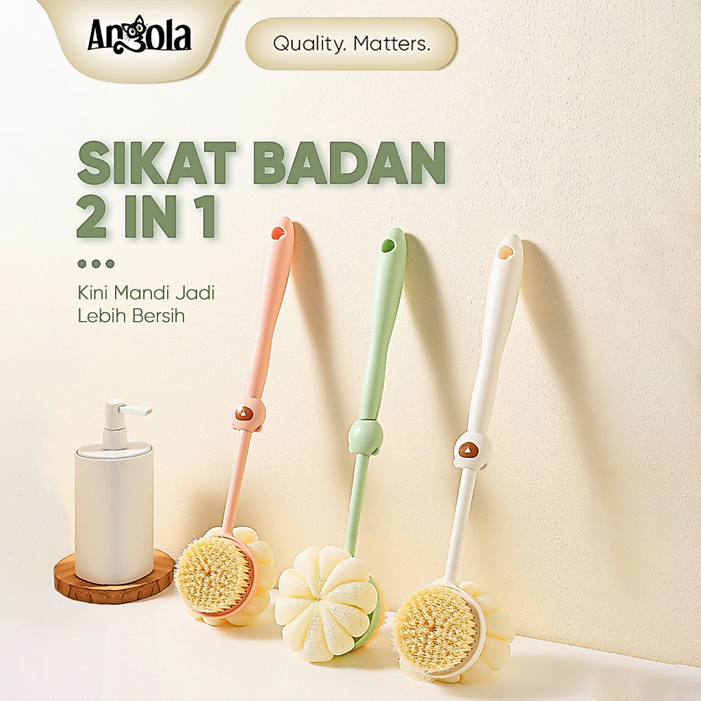 ANGOLA Sikat Punggung Badan dan Sponge Puff Loofah 2in1 D92 Alat Bantu Gosok Punggung Badan 2 Sisi/Sikat Punggung Serbaguna/Bath Brush