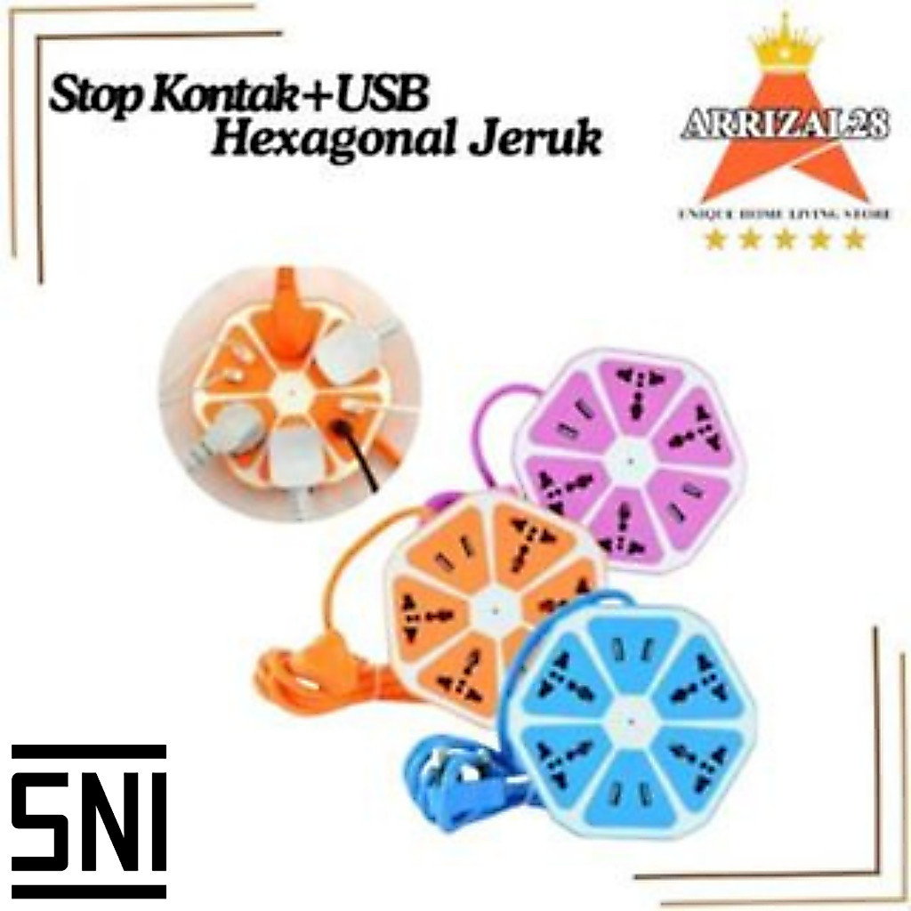 SNI STOP KONTAK+USB HEXAGON SEGI ENAM MOTIF JERUK