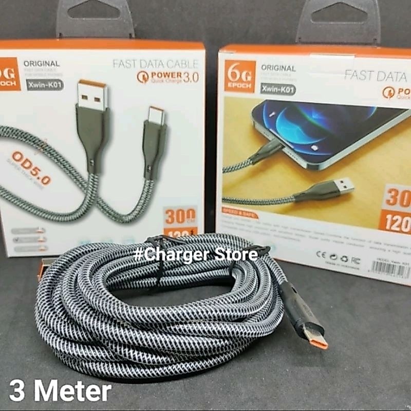 Kabel Charger 3 Meter Tipe C Kabel Data Fast Charging