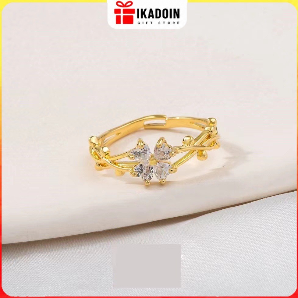 COD Cincin Titanium Clover Lucky Charm Wanita Korea Model Permata Adjustable Anti Karat