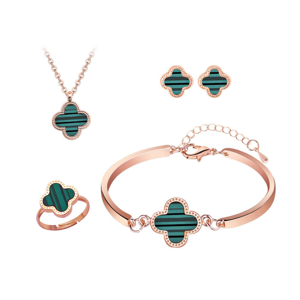 Anting + Kalung + Gelang(gelang Tangan) + Cincin 4pcs/Set / Clover Titanium Vintage Perhiasan Wanita