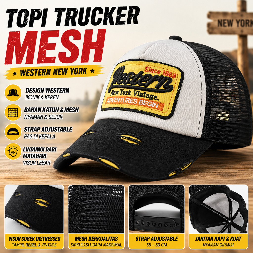 Topi Trucker Mesh Western New York Jaring Distressed Sobek Vintage Topi Baseball Snapback Adjustable