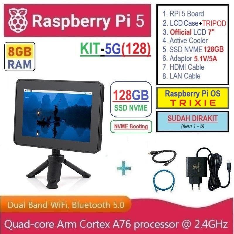 KIT-5G(128) : Raspberry Pi 5 (8GB RAM) KIT LCD 7 Inch SSD NVME 128GB - Complete SET SIAP PAKAI