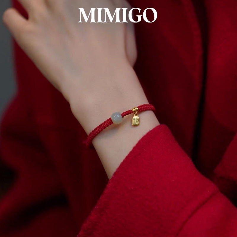 MIMIGO - Gelang Tali Merah Tenun Wanita Giok Liontin Emas Hadiah Ulang Tahun Couple O489