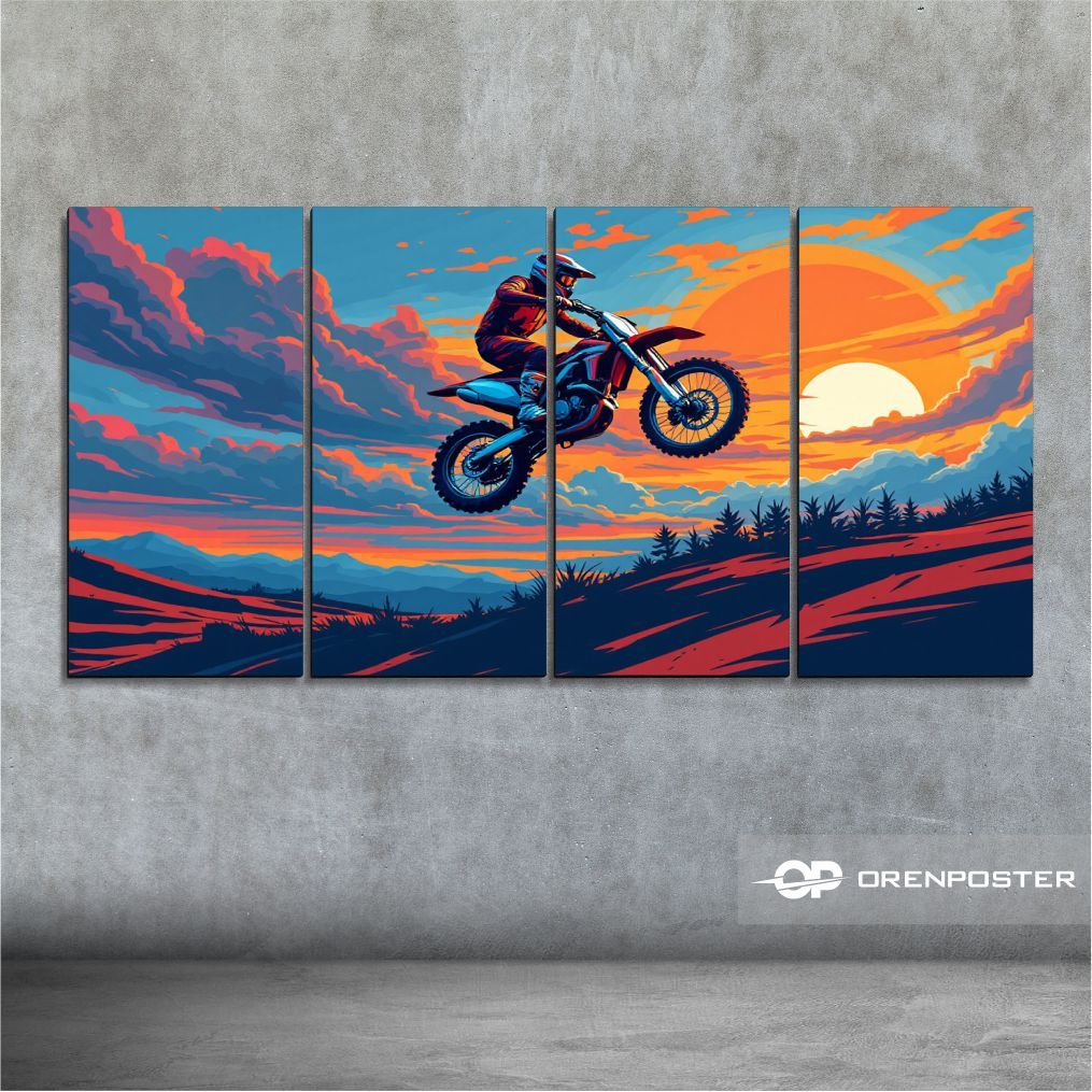 Poster Motor cross Motocross Wall Art Dirt Bike set 4 Motocross Silhouette trail Pajangan kayu hd