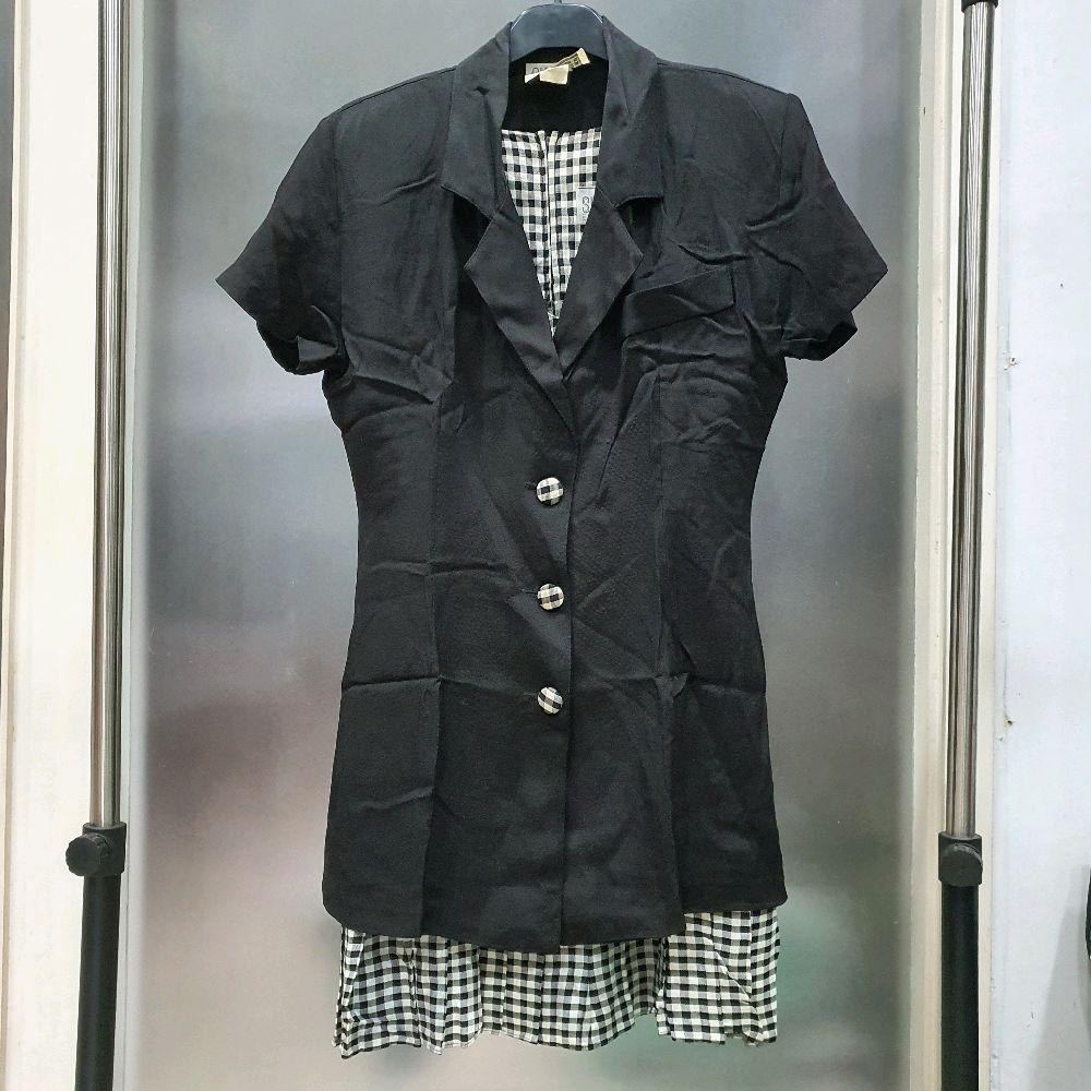 AG set setelan baju wanita inner kotak kotak hitam putih outer jas blazer hitam sha sha prelove seco