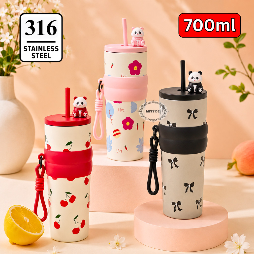 Tumbler 700ml Mug Stainless Steel / Gelas Minum Sedotan / Hot & Cold Mug Panda With Straw Lid