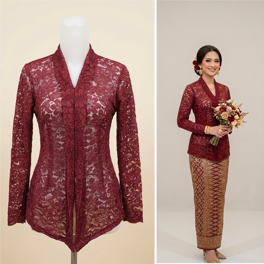 Atasan Kebaya Brokat Maroon - Blouse Brokat Wanita Modern Kerah V / Baju Kondangan Elegan