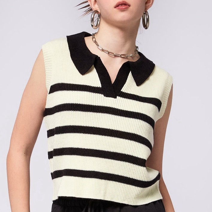 COLORBOX - Stripe Knit Polo Vest Off White Sleeveless preloved