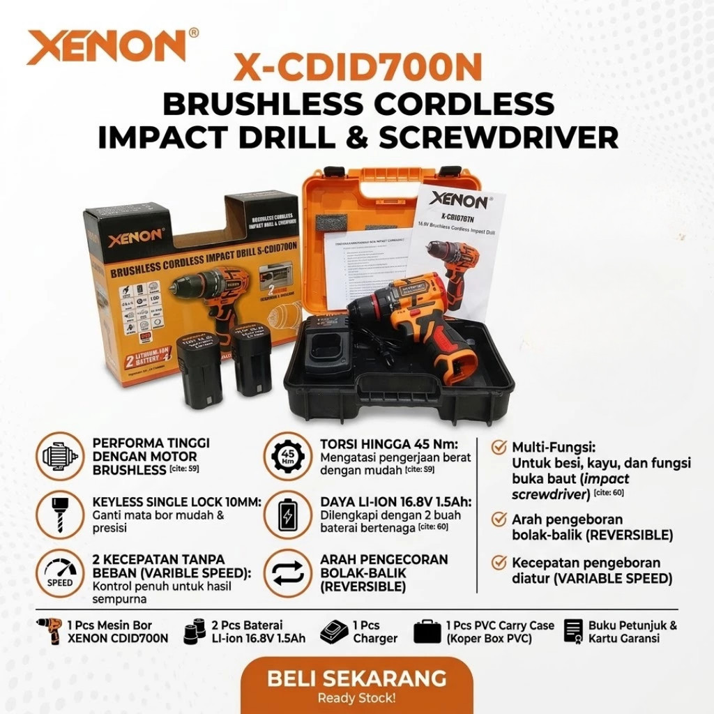 Xenon CDID700 Mesin Bor Baterai 14v Impact Drill Cordless / CDID-707