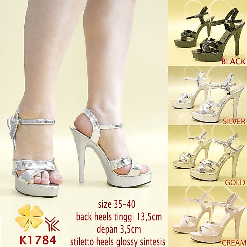 YKshoes 1784 heels 13cm strappy stiletto heels black gold silver cream sepatu hak tali  glossy silan