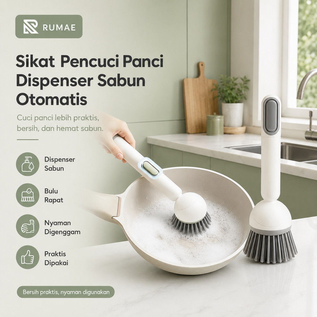 RUMAE Sikat Pencuci Panci Dispenser Sabun Otomatis Alat Cuci Piring Pembersih Wajan Wastafel Dapur