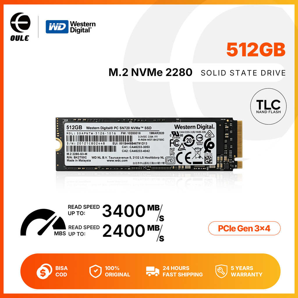 SSD NVMe Western Digital SN730 M.2 2280 512GB/1TB 3400MB/s Garansi 3D NAND TLC Kecepatan Tinggi