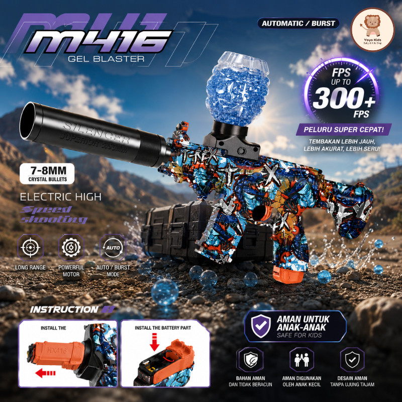 Mainan Anak Laki Laki Water Gel Blaster Elektrik Gell M416 FPS Cepat Akurat Mode Otomatis Kencang
