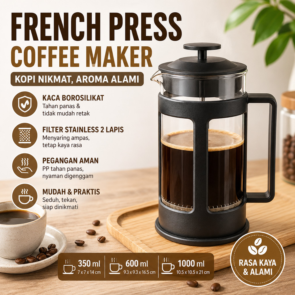 Cangkir Gelas Pres Kopi French Press Coffee Maker Pot Kaca Borosilikat Pembuat Manual Saringan Ampas
