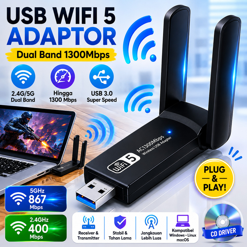 USB 3.0 WiFi 5 Adaptor 1300Mbps Dual Band Dongle Wireless Receiver Transmitter Hotspot PC Laptop Kom