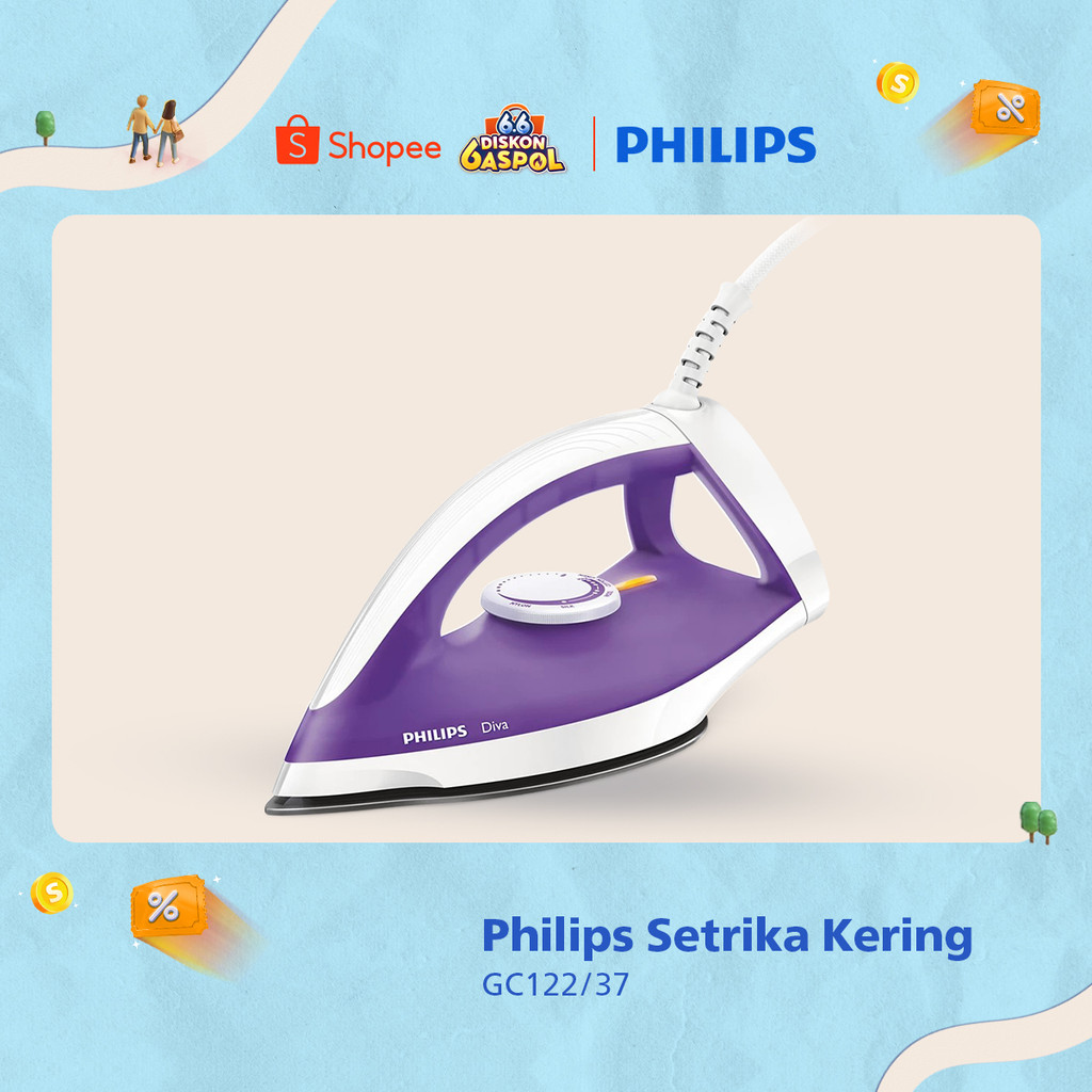 Philips Setrika Kering Diva GC122/37 Ungu - Setrikaan promo murah, Tapak Strika Anti Lengket, Tahan 