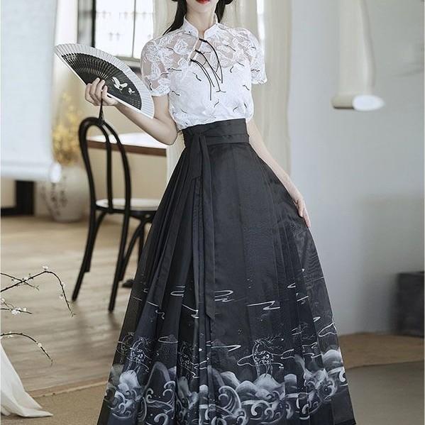 [COD] Atasan wanita Hanfu modern bergaya Tiongkok, lengan pendek tipis dengan kerah tegak.