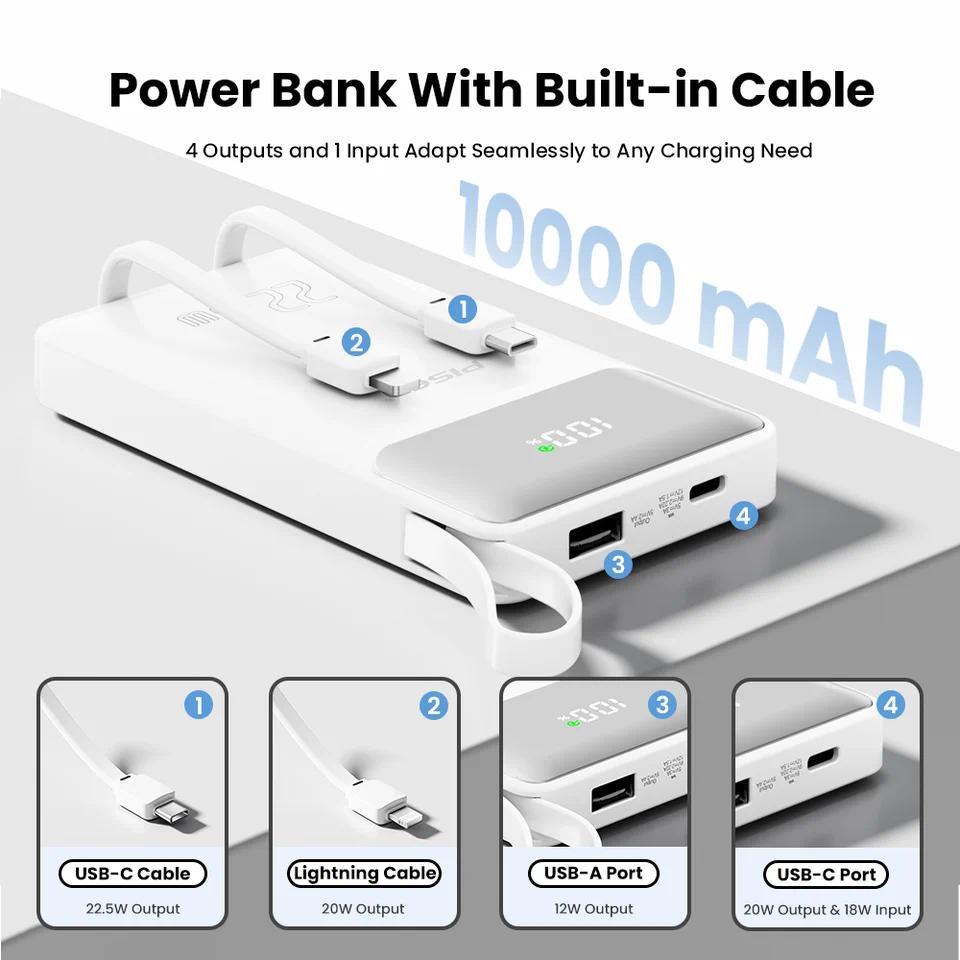 PISEN 3C Certified 22.5W Power Bank 10000mAh/ 20000mAh With Built-in Type C/L Cables Fast Charging P
