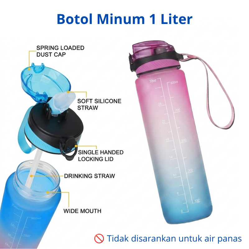 IMB -E101- Botol Minum 1 LITER -Bottle Tumblr Air 1 Liter - Botol Minum Jumbo Viral Gemoy