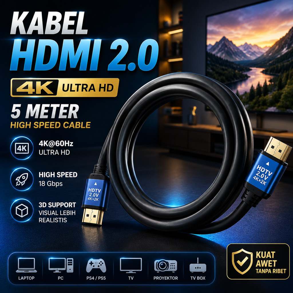 Kabel HDMI 2.0 4K Panjang 5 Meter FSU Kabel HDMI to HDMI High Speed UHD 60Hz 3D Kabel Display Monito