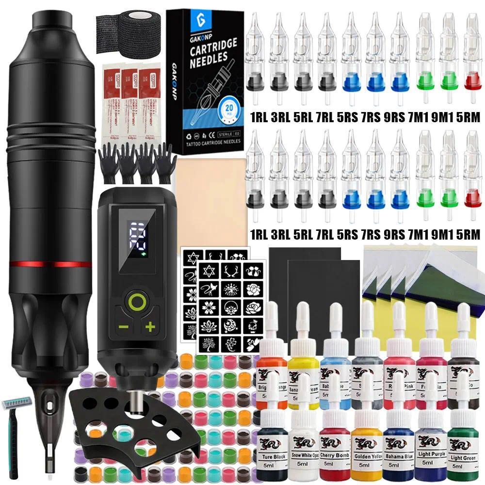 Kit Mesin Tato Nirkabel Profesional, Kit Pena Tato Rotary dengan Catu Daya Nirkabel, Tinta, dan Jaru