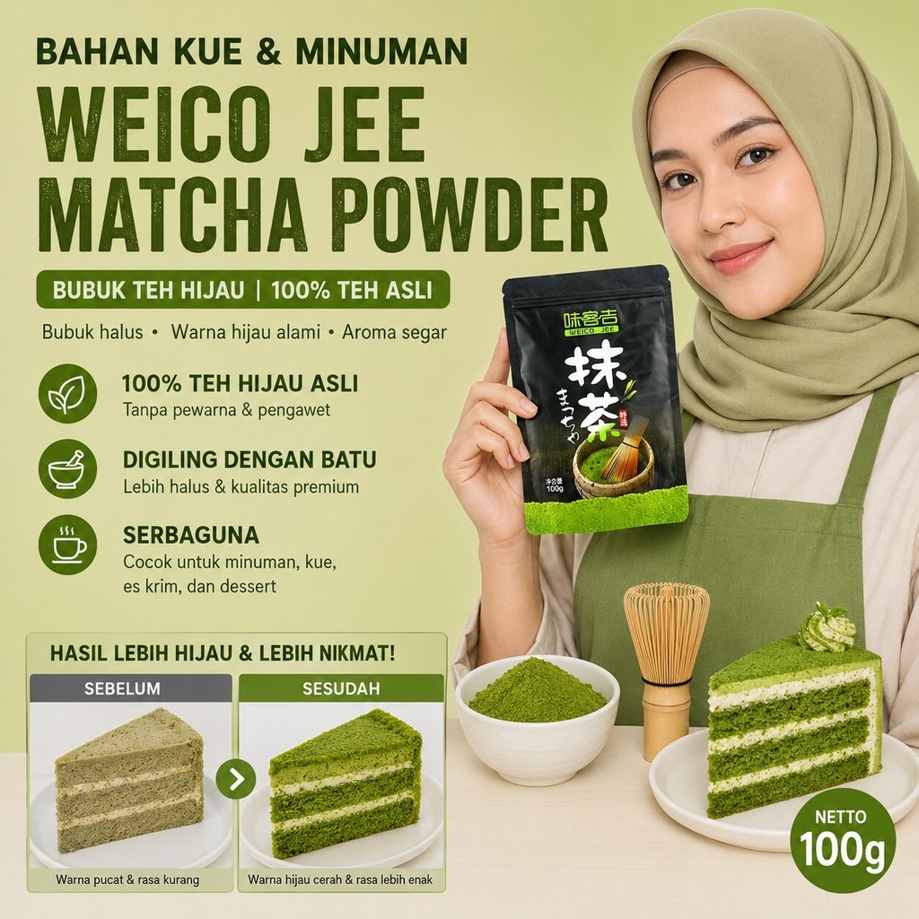 Bubuk Matcha Premium | Bubuk Teh Hijau Asli | Batu Giling Halus | Bubuk Matcha Premium Untuk Kue | B