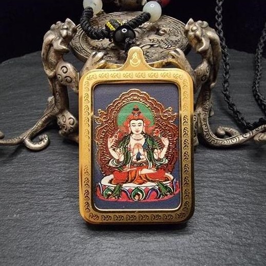 Liontin Lukisan ThangKa Handcraft Avalokitesvara 4 Arms Dewi KwanIm Blessed Tibet 40x30mm E3429