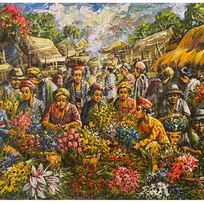Lukisan Pasar Bunga dan Pasar Buah, Ukuran : 135 cm x 85 cm, Lukisan Canvas Buatan Tangan