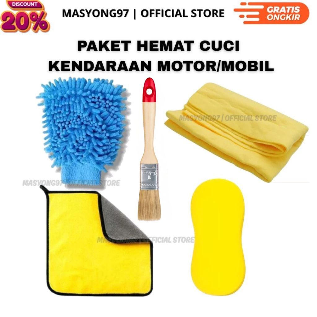 PAKET KUAS DETAILING & LAP MICROFIBER & SARUNG TANGAN CENDOL & KANEBO JUMBO & SPONS PREMIUM