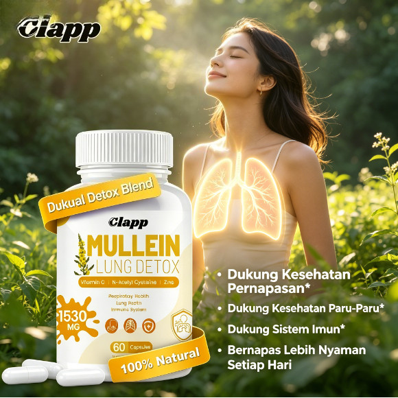 Clapp Mullein Lung Detox 1530mg 60 Kapsul – Mullein, NAC, Vitamin C & Zinc, Dukungan Kesehatan Perna