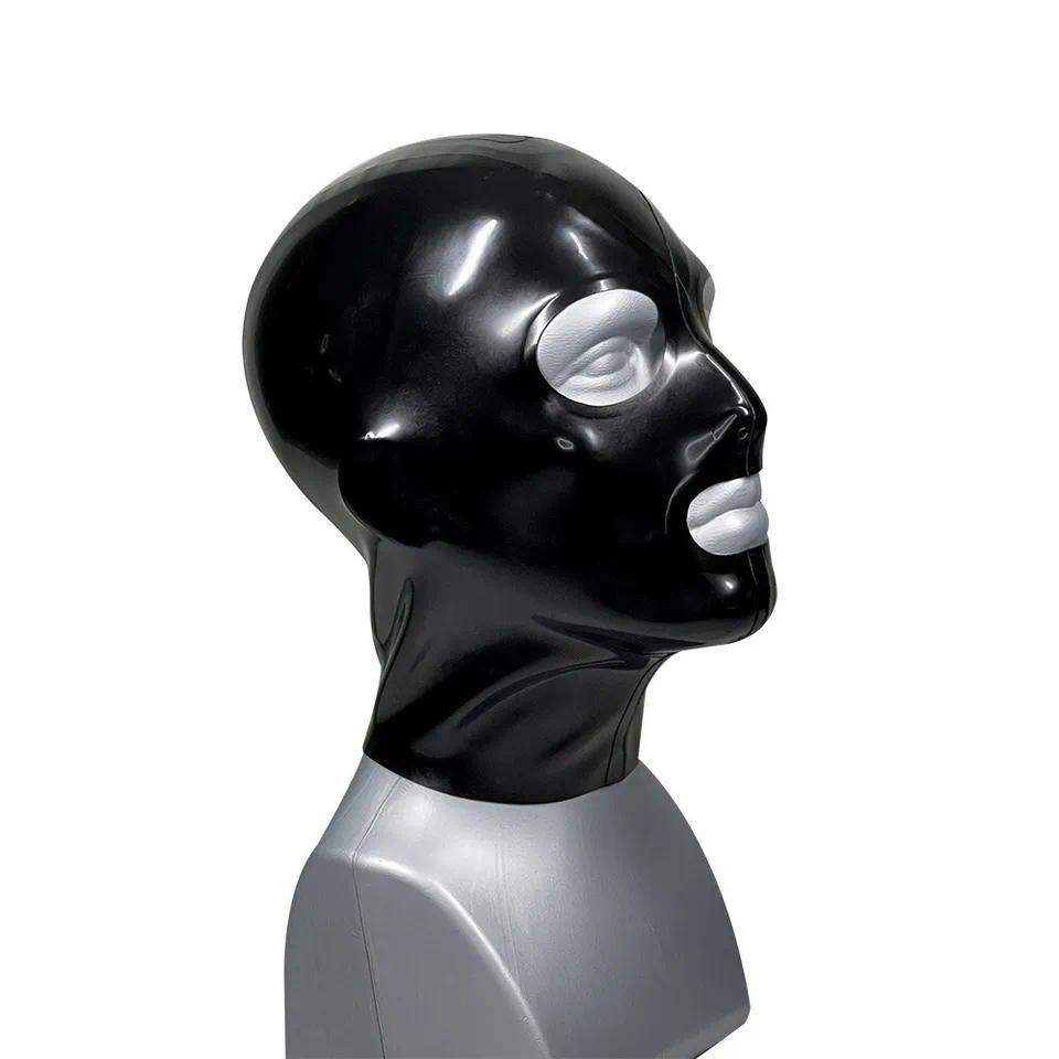 Mens Latex Rubber Hood Mask with Back Zipper Black Cosplay Party Clubwear Mask with Open Eyes Mouth