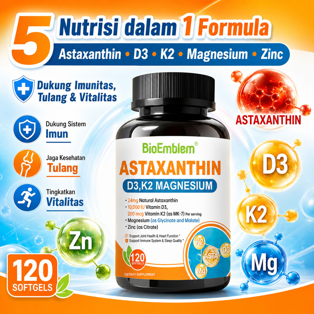 Astaxanthin D3 K2 Magnesium Zinc 120 Softgels Suplemen Mata Buram Lelah Karena HP Laptop Begadang