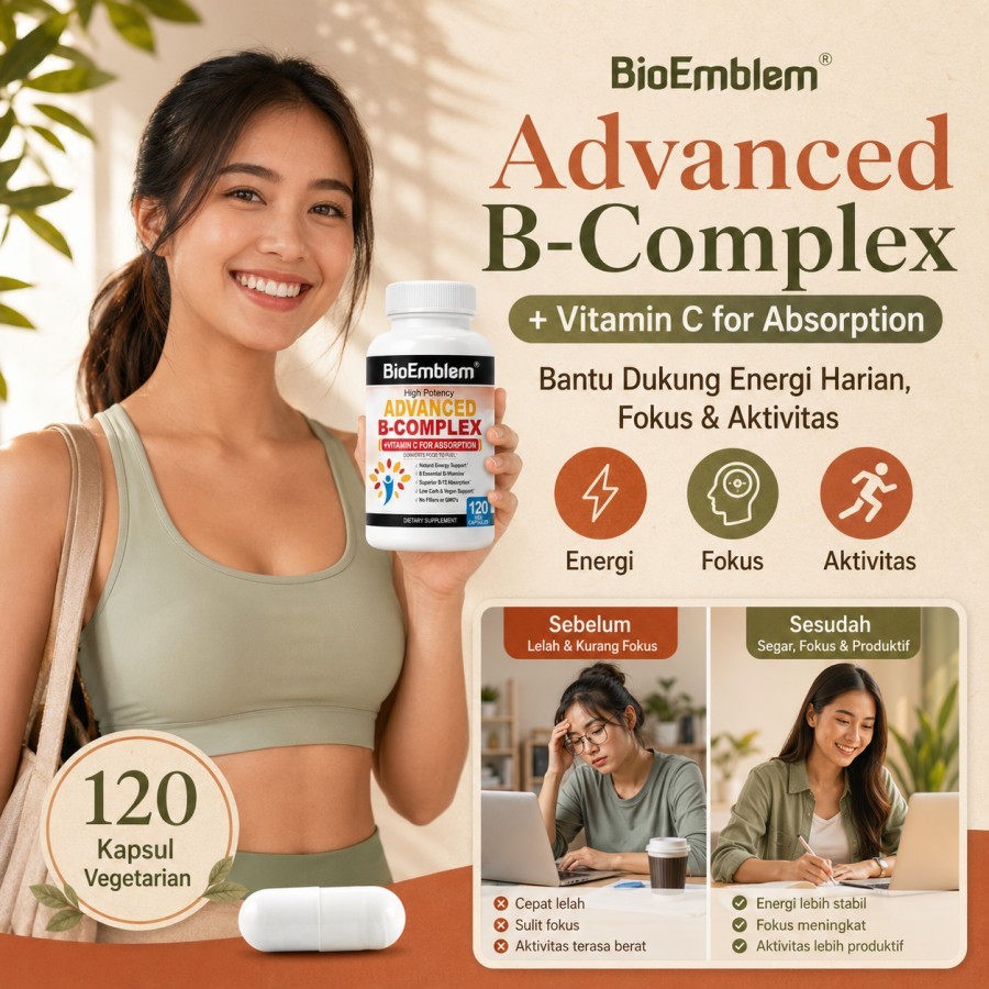 BioEmblem Advanced B Complex plus Vitamin C, 120 Kapsul, Energy Support B12 Biotin, Aktivitas Padat,