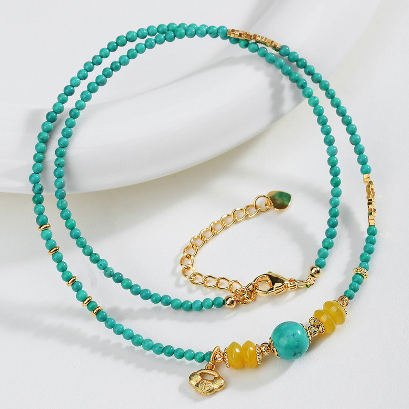 Kalung batu alam populer, kalung batu akik kuning dan batu pirus, rantai tulang selangka dengan mani