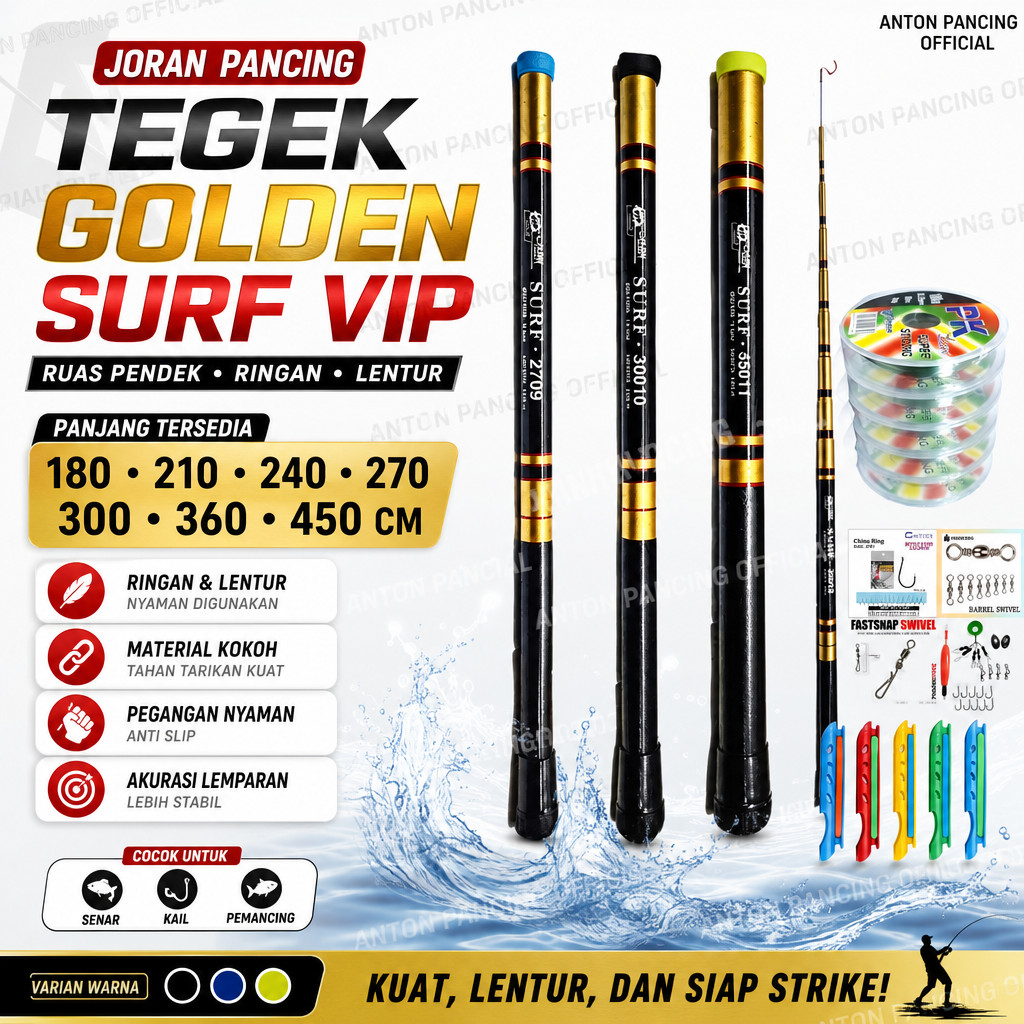 Joran Pancing Tegek Surf Golden Vip 180 210 240 270 300 360 450 Cm Ruas Pendek Ringan Dan lentur