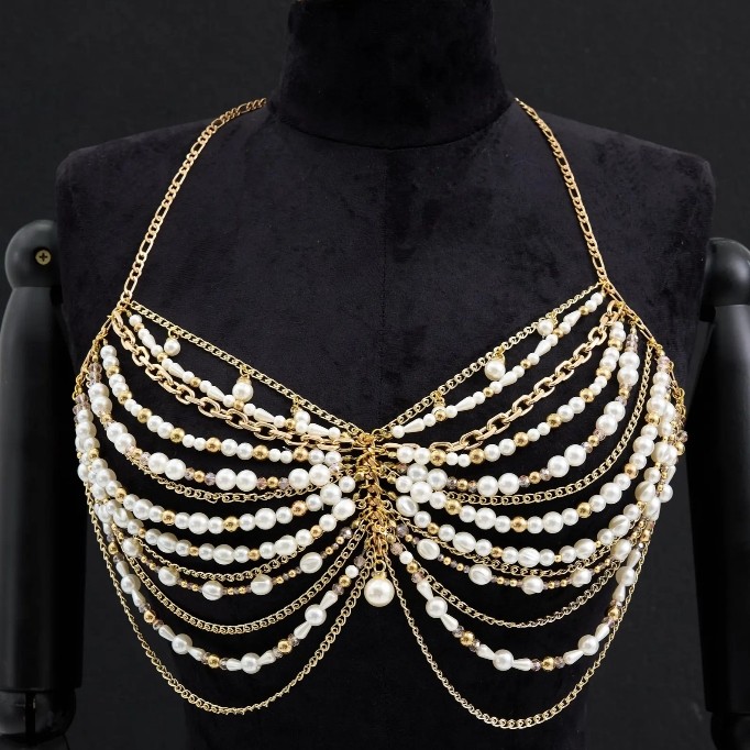 Handmade Luxury Gold Chain & Pearl Bra Top
