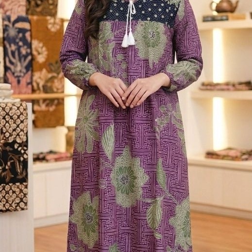 Gamis Batik Rayon Premium Kekinian Busui Friendly Resleting Depan Tali di Dada Motif Laseman