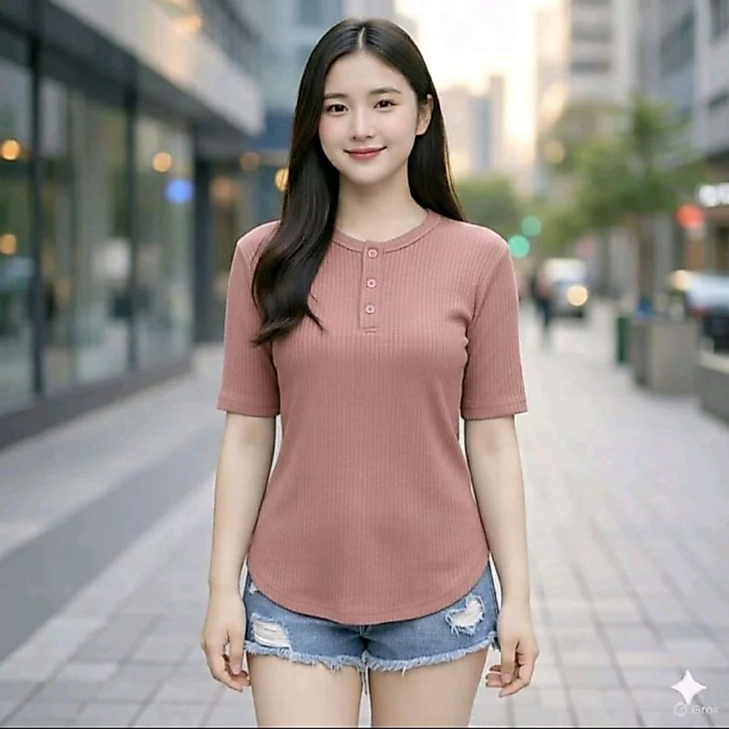 Baju Kaos Henley Wanita Bahan Waffle Premium Lengan Pendek Kancing Depan / Atasan Waffle Cewek Casua