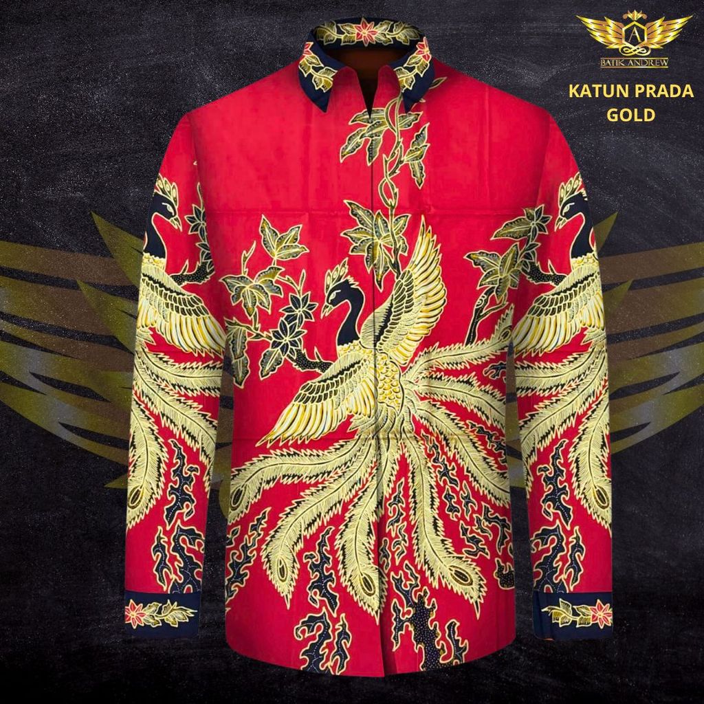 KATUN TULIS POLA PRADA TINTA EMAS MOTIF 3 BAHAN KAIN BATIK TULIS BURUNG PHOENIX API MERAH