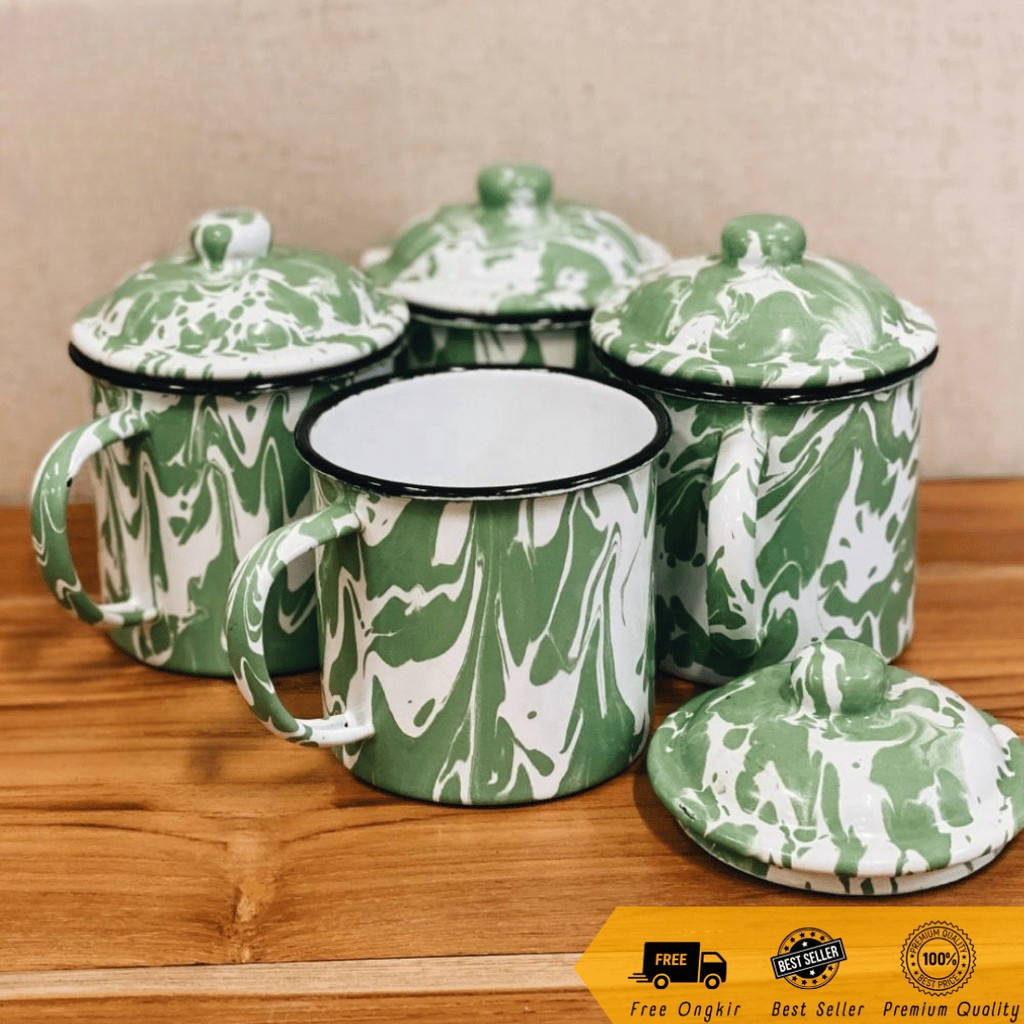 Gelas/mug Jadul Loreng - Enamel Blurik/Blirik Kaleng Tutup Motif Jadul Vintage Antik  SD520