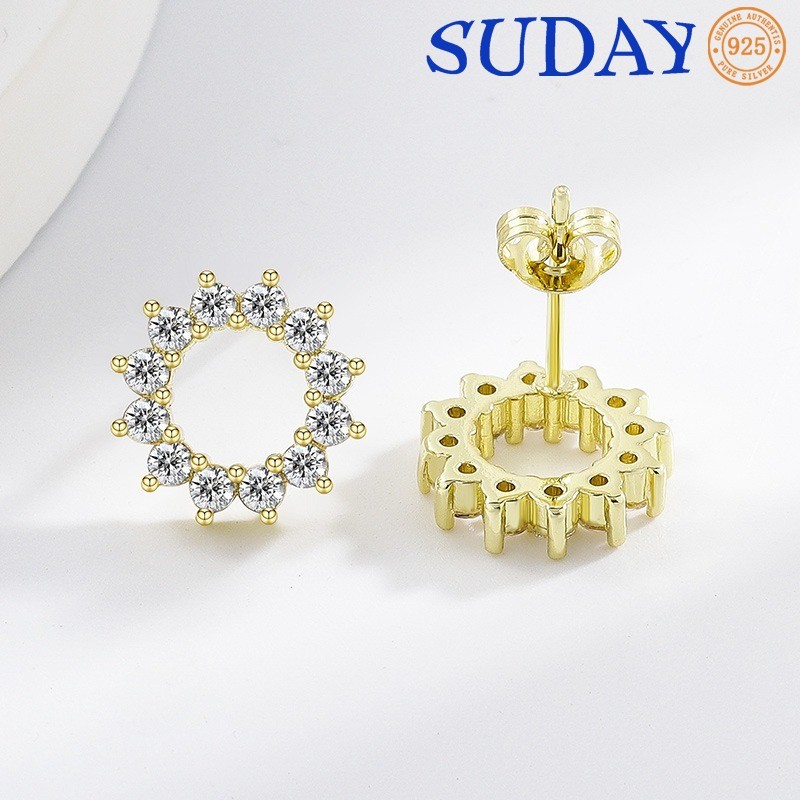 SUDAY Anting Berlian Fashion Lapis Emas Anting Tusuk Bunga Matahari Manis Untuk Wanita