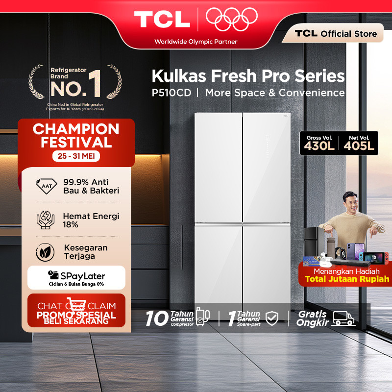 TCL Kulkas 4 Pintu - Kapasitas 430L - Big Capacity - Twin Eco Inverter - AAT Gen 2 Natural Eco Fresh
