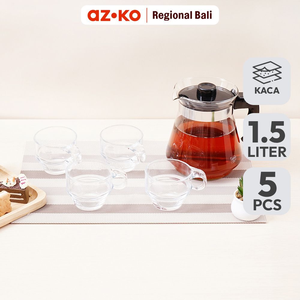 AZKO Culinart Teko & Cangkir Kaca 1.5 Ltr Set 5 Pcs - Hitam Teko Cangkir Water Jug Set Minum Pitcher