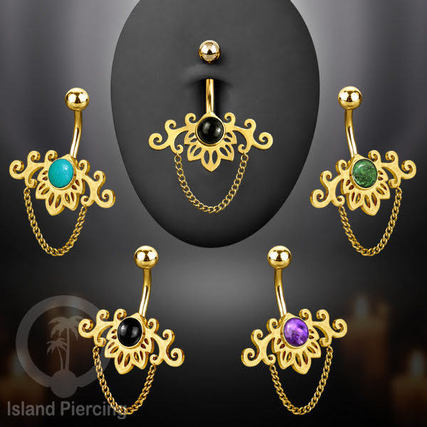 Anting Tindik Pusar/Navel Bar Stainless dengan rantai warna gold dengan variasi warna Resin