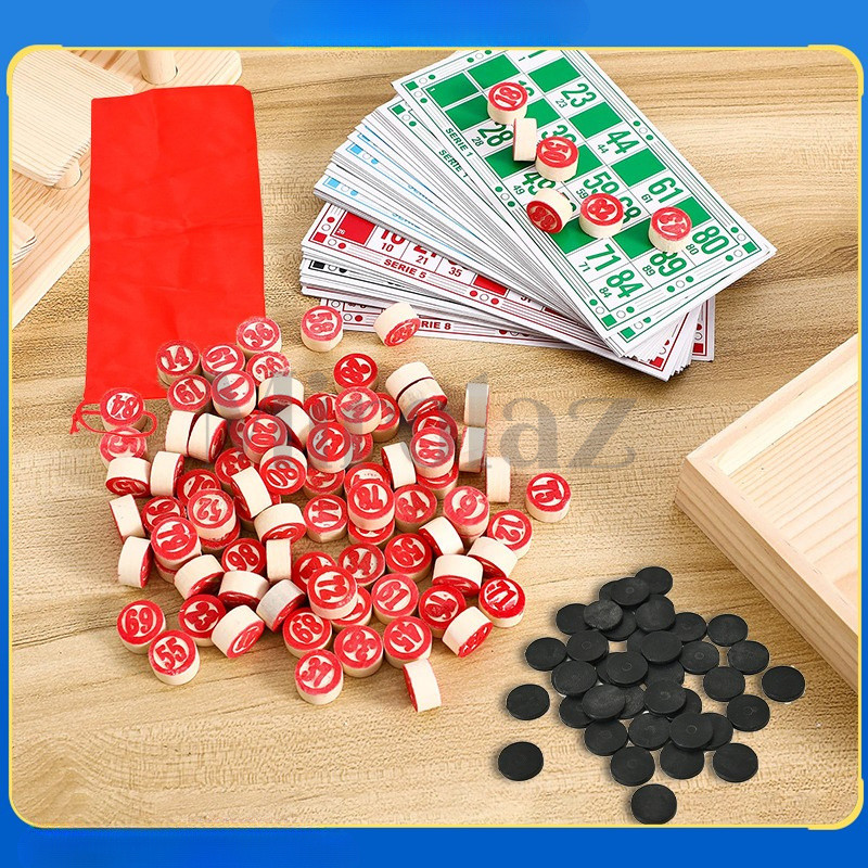 Kartu Bingo Lengkap Berkualitas Tinggi Bingo Set 48 Bingo Card, 90 Catur Kayu Dan 40 Koin