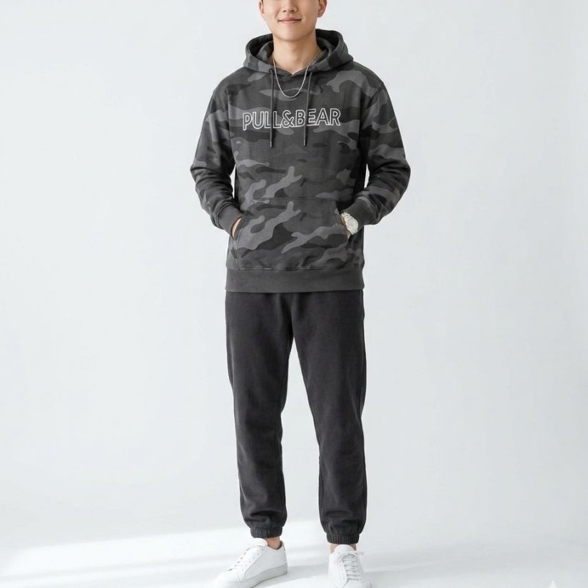 Pull & Bear Hoodie Camo Dark Grey Jaket Pria Sweater Hoodie Branded Premium