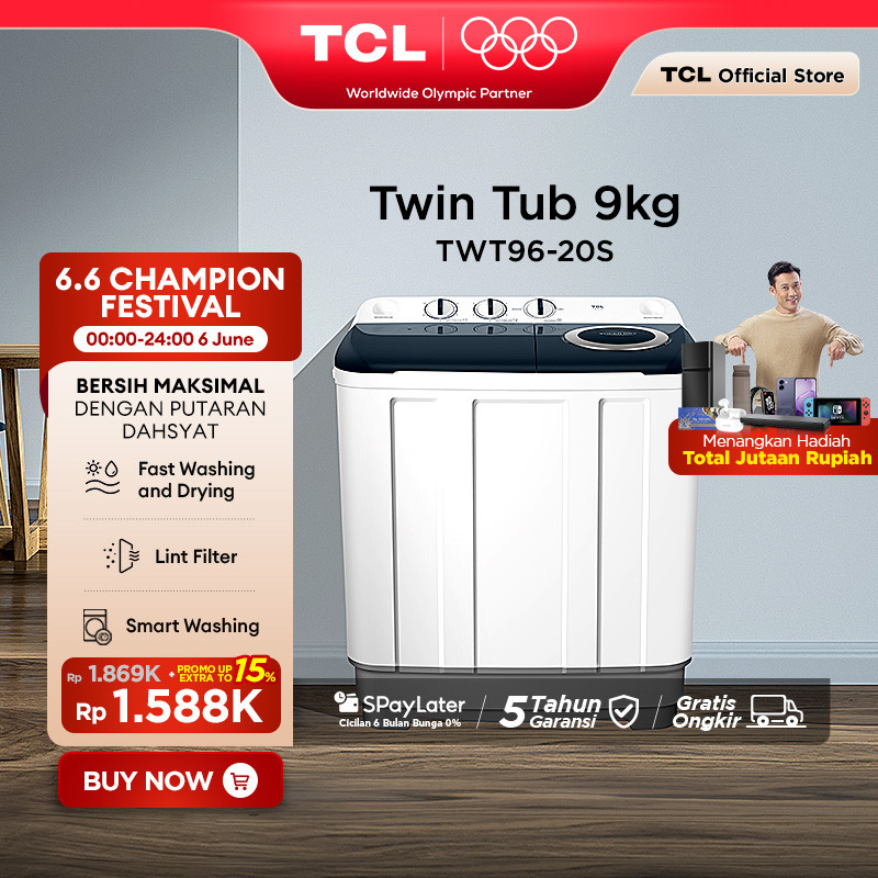 TCL Mesin Cuci 2 Tabung - Twintub 9KG - Lint Filter - Anti Karat - Anti Tikus (Model: TWT96-20S)