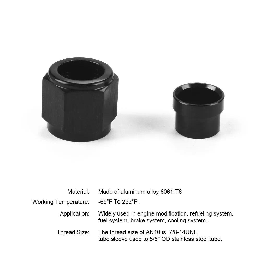 For 4AN-1/4,AN6-3/8,AN10-5/8 Hard Line Aluminum Hardline Tube Nut and Sleeve Fitting Adapter Black