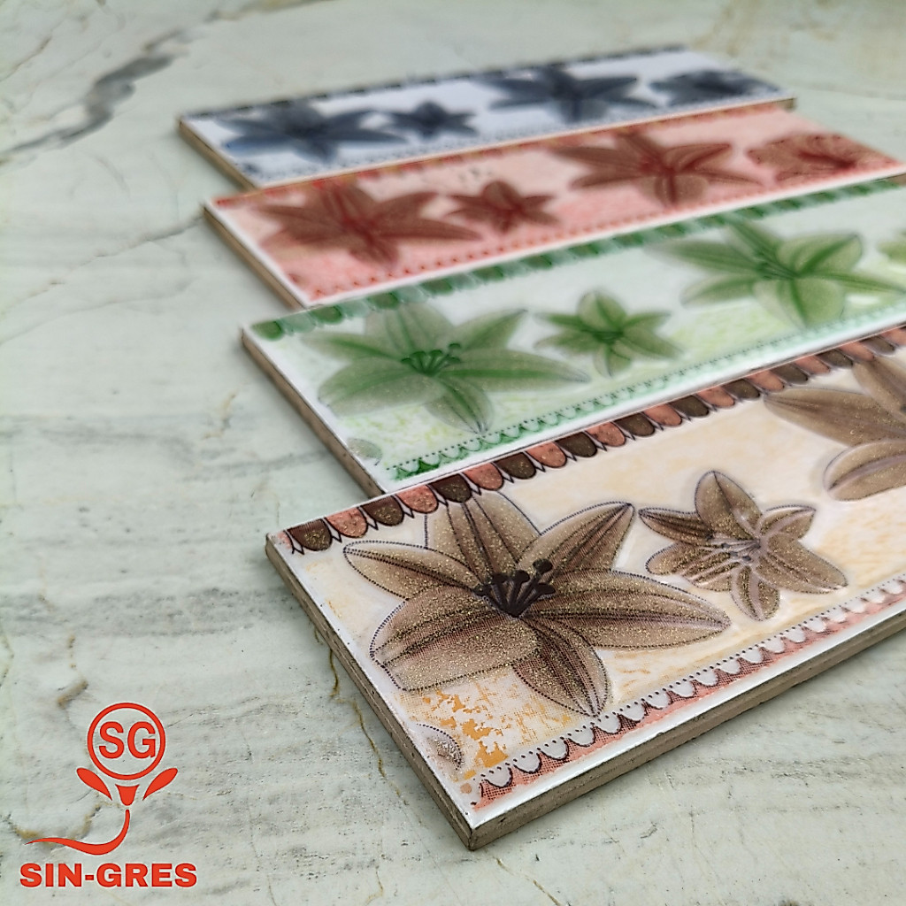List Keramik Dinding | Listello Laser | 8x25 | Model Datar | Motif Bunga Lily